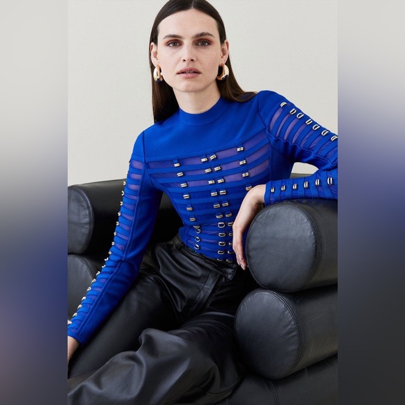 Karen Millen All Over Trimmed Bandage and Mesh Body Suit Cobalt - Picture 2 of 10